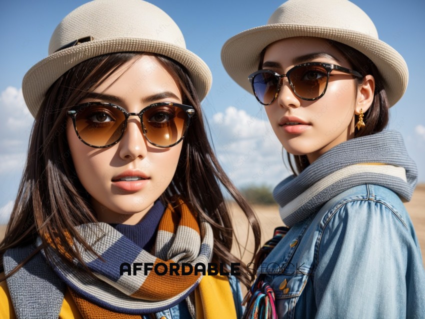 Stylish Women Wearing Sunglasses and Hats Outdoors