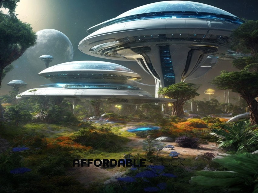 Futuristic Cityscape with Lush Alien Forest
