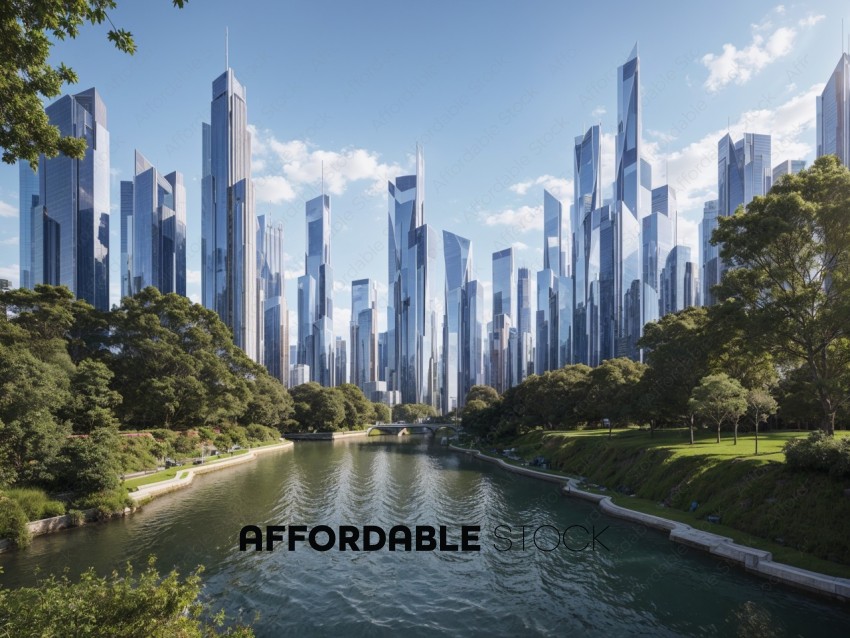 Futuristic Cityscape with Reflective Skyscrapers and River