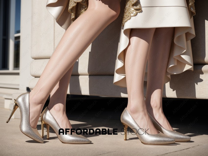 Elegant Women's Gold Heels and Ruffled Dress