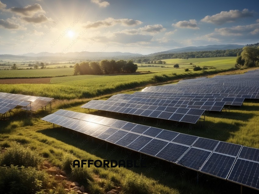 Solar Panels in Rural Landscape at Sunrise