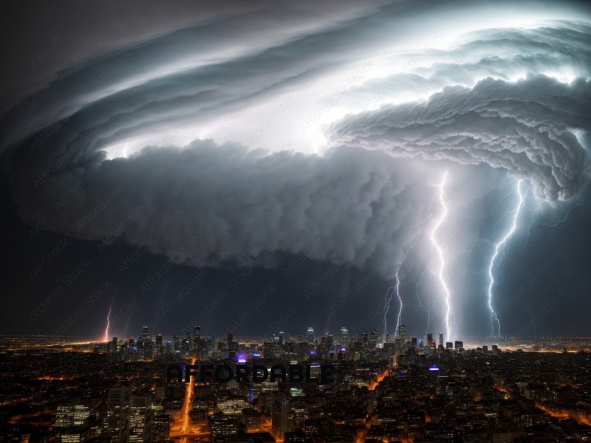 Supercell Thunderstorm Over City at Night
