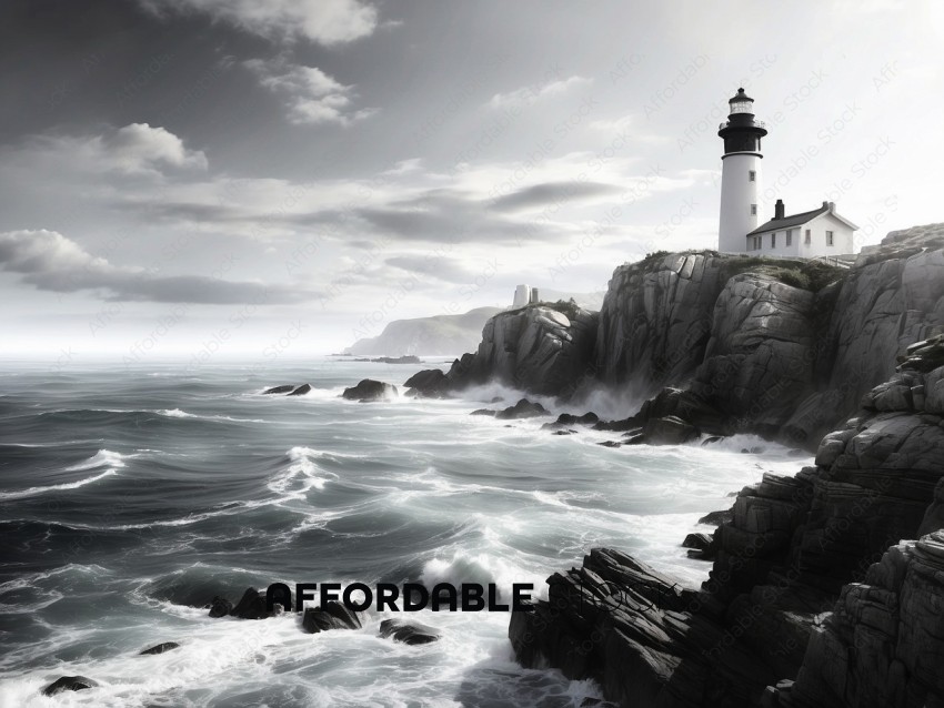 Lighthouse on Rocky Cliff with Ocean Waves