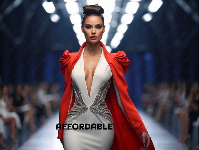 Fashion Model Catwalk in Red and White Dress