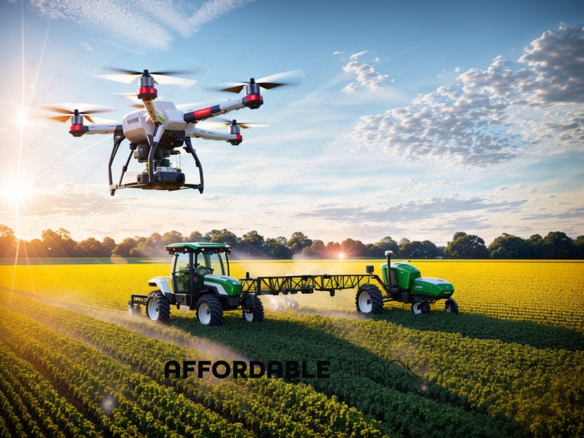 Agricultural Drone Monitoring Crop Sprayer at Sunrise