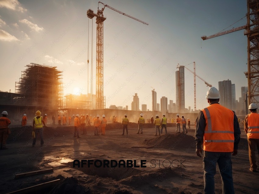 Construction Workers at Sunset in Urban Setting