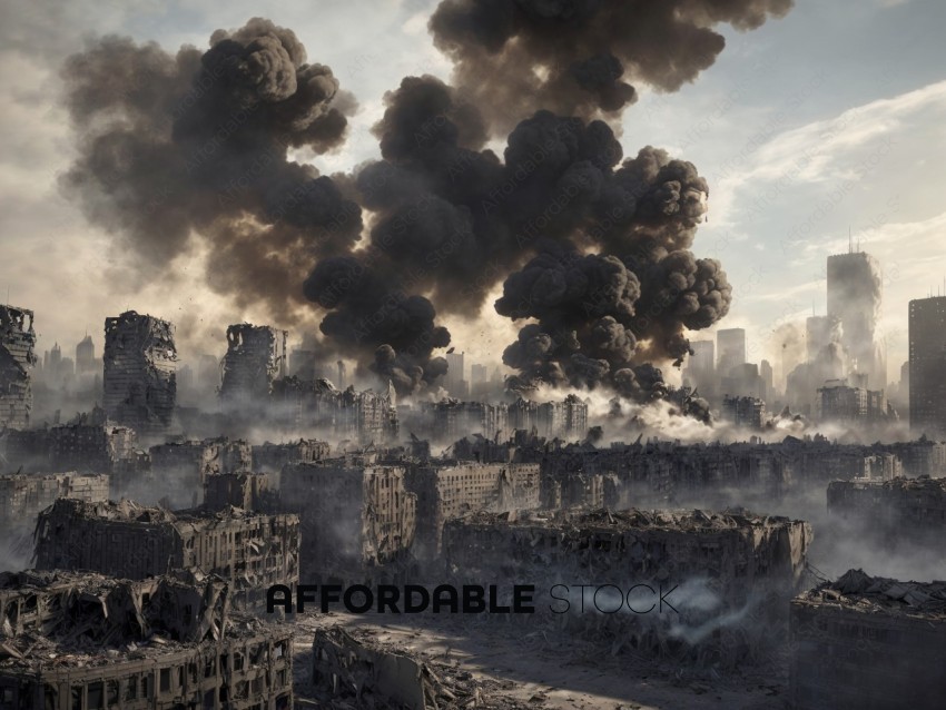 Post-Apocalyptic Cityscape with Heavy Smoke