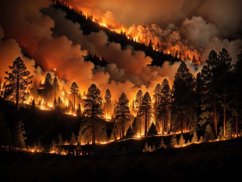 Wildfire Engulfing Forest at Night