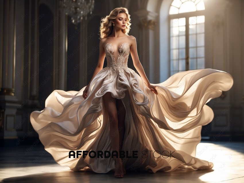 Elegant Woman in Flowing Gown with Luxurious Interior