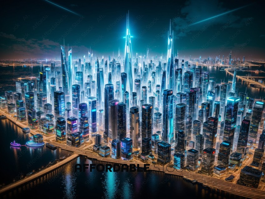 Futuristic Cityscape at Night with Glowing Lights