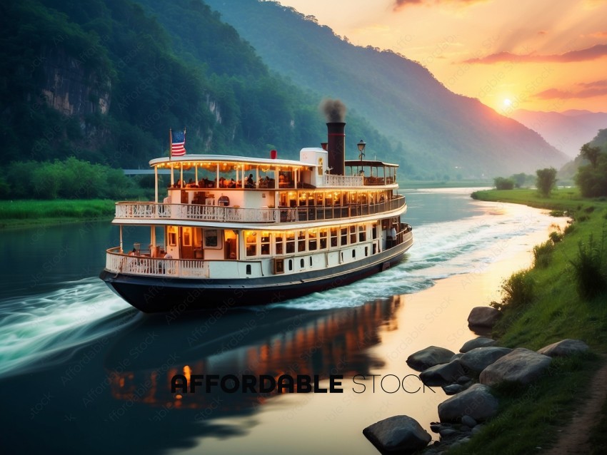 Vintage Paddle Steamboat at Sunset on River