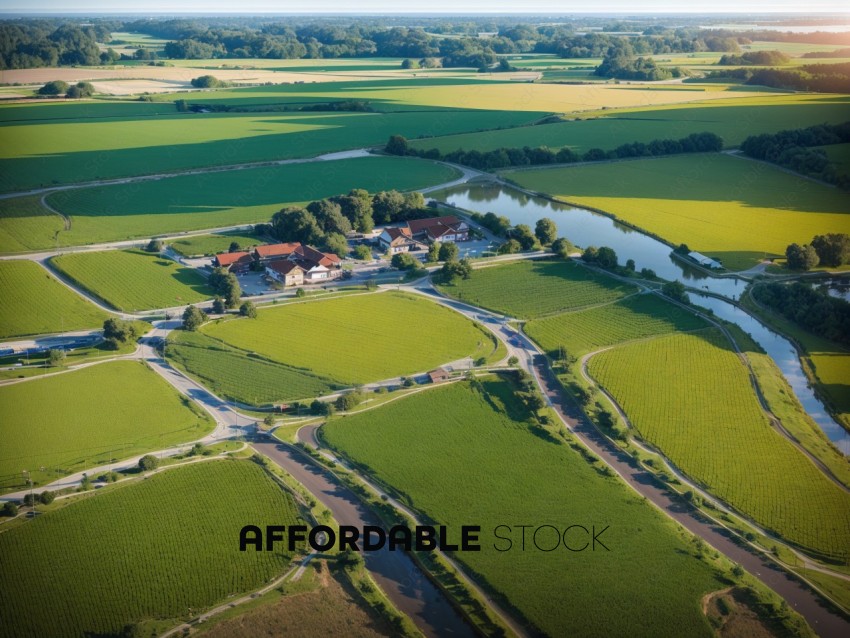Aerial View of Countryside Village and Fields