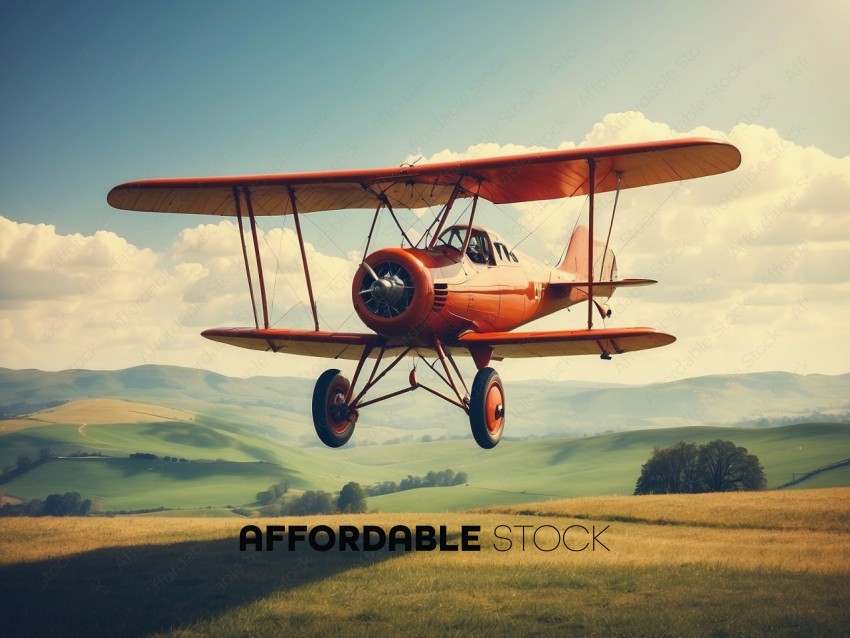 Vintage Biplane Flying Over Rural Landscape