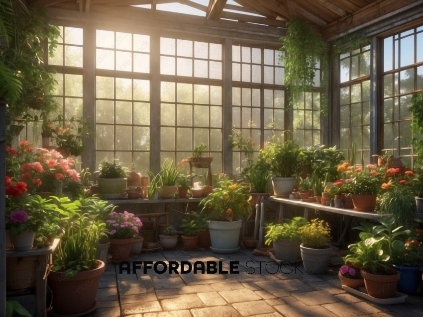 Sunlit Greenhouse with Vibrant Flowers