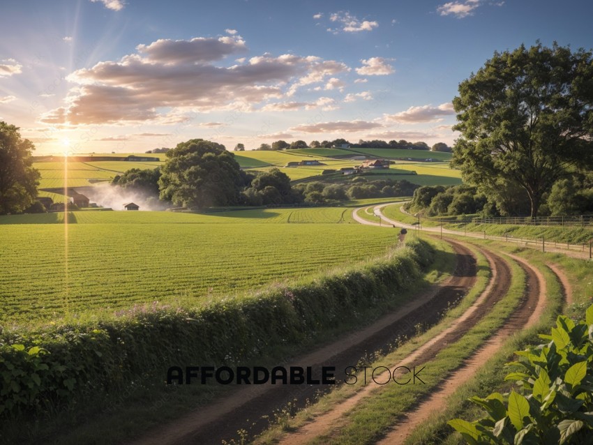 Sunset Over Picturesque Country Road in Lush Farmland