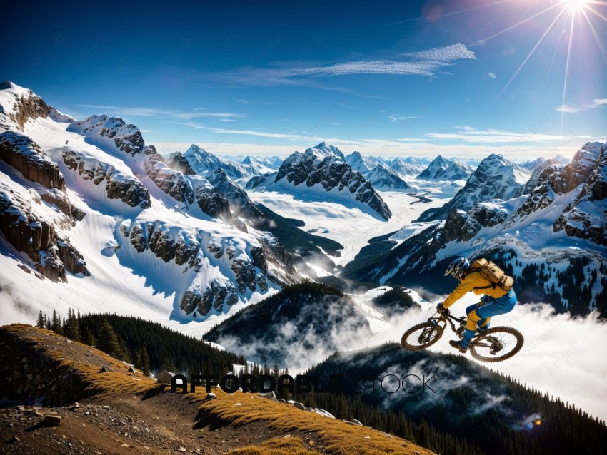 Mountain Biker Jumping Against Snowy Peaks