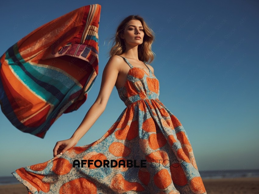 Elegant Woman with Flowing Dress on Beach at Sunset