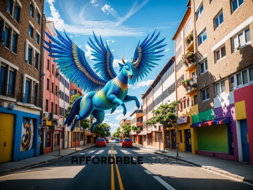 Colorful Mythical Bird Soaring Above Urban Street