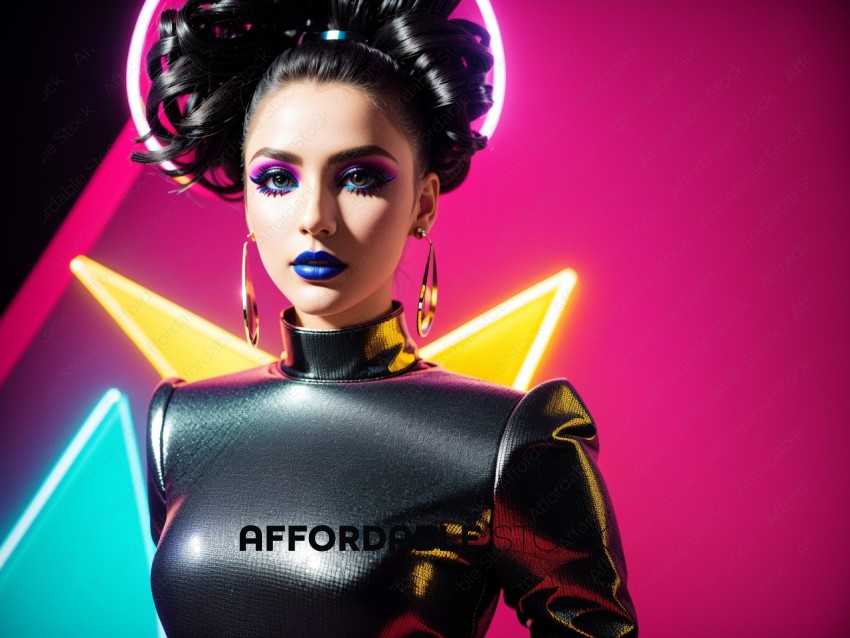 Futuristic Woman with Neon Makeup and Earrings