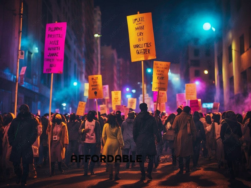 Nighttime Urban Protest with Vibrant Signs