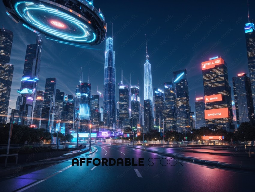 Futuristic Cityscape with Glowing UFO