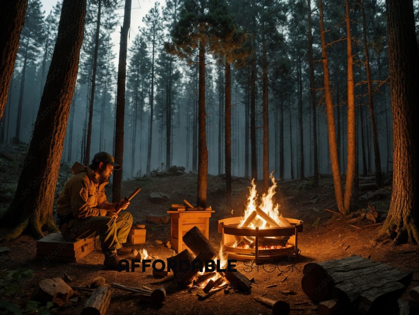 Man by Campfire in Misty Forest at Twilight