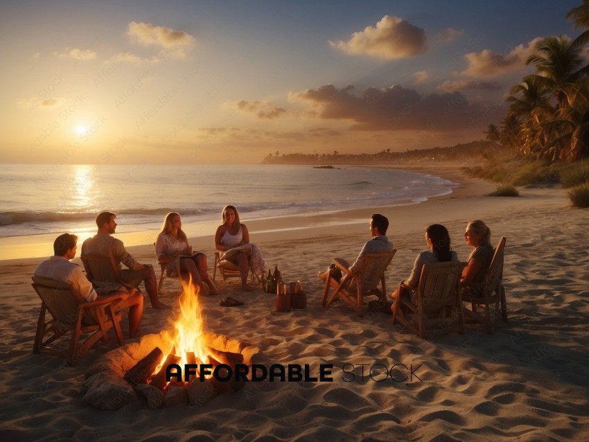 Friends Enjoying a Beach Sunset Bonfire