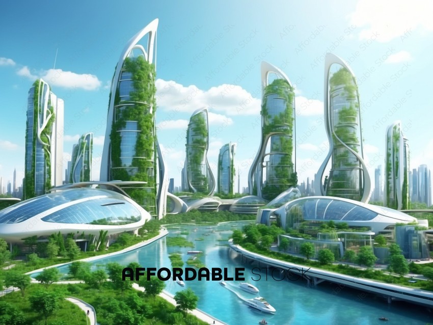Futuristic Green Cityscape with Eco-Friendly Architecture