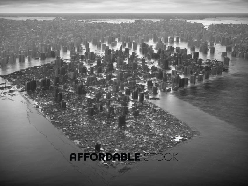 Flooded Cityscape Aerial View in Monochrome