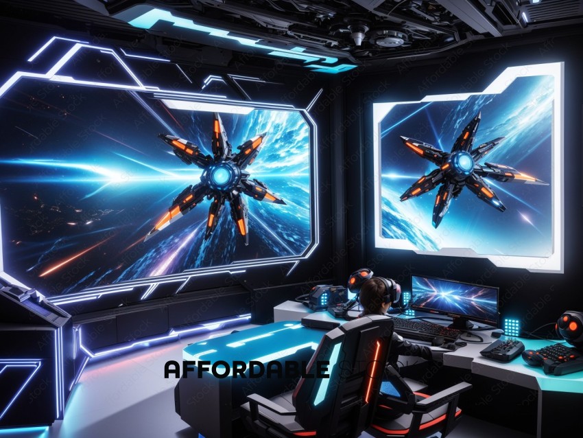 Futuristic Gaming Setup with Space Simulation
