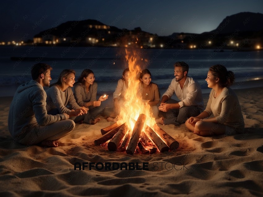 Friends Gathering Around Beach Bonfire at Night