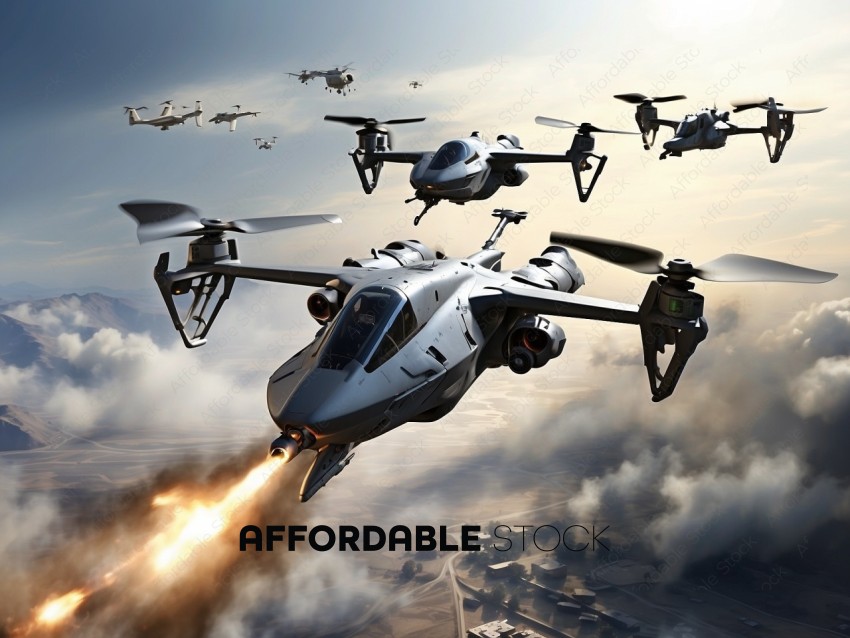 Futuristic Drone and Aircraft Flotilla in Flight
