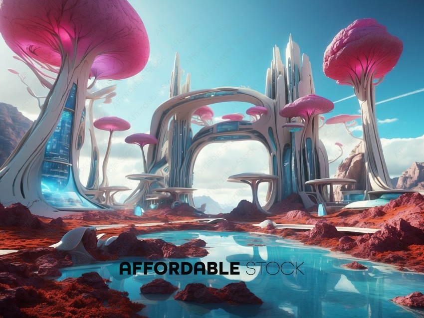 Futuristic Alien Cityscape with Magenta Trees