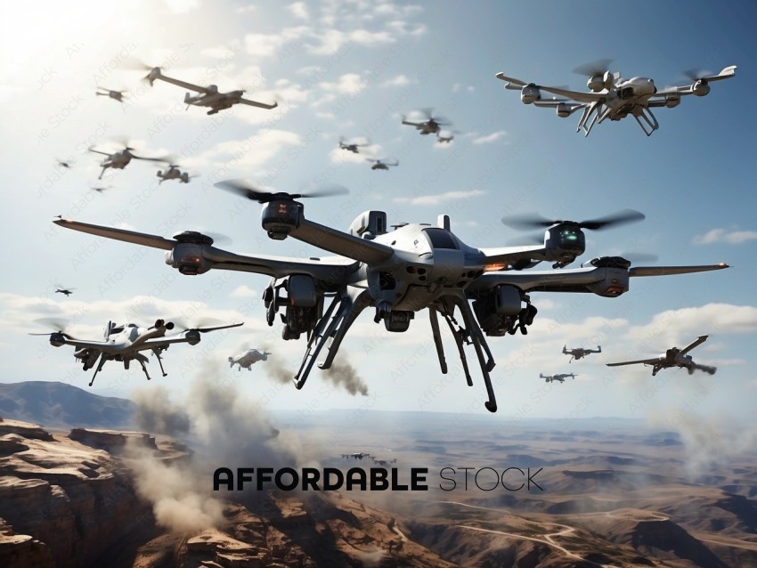 Fleet of Drones Flying Over Desert Terrain