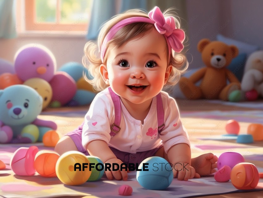 Smiling Baby Girl Playing with Toys