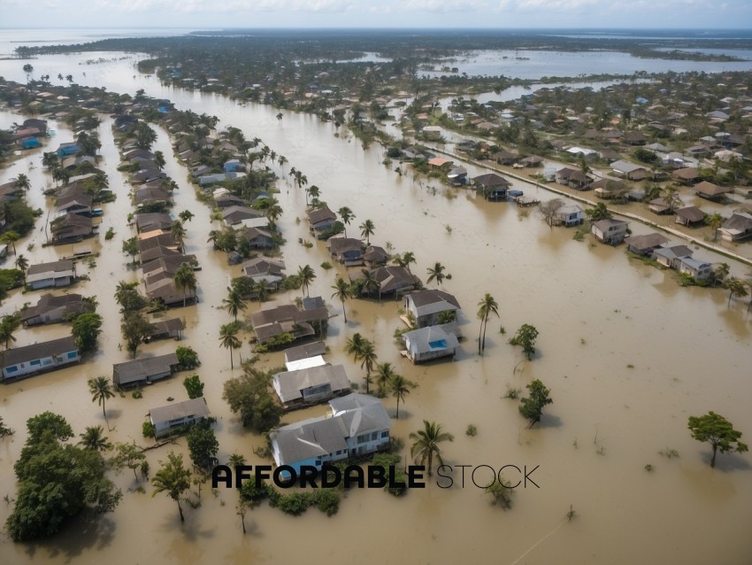 Aerial View of Neighborhood Submerged in Floodwaters