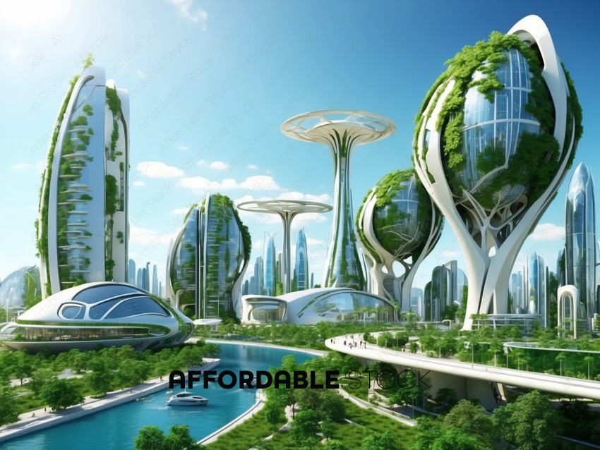 Futuristic Eco-Cityscape with Green Architecture