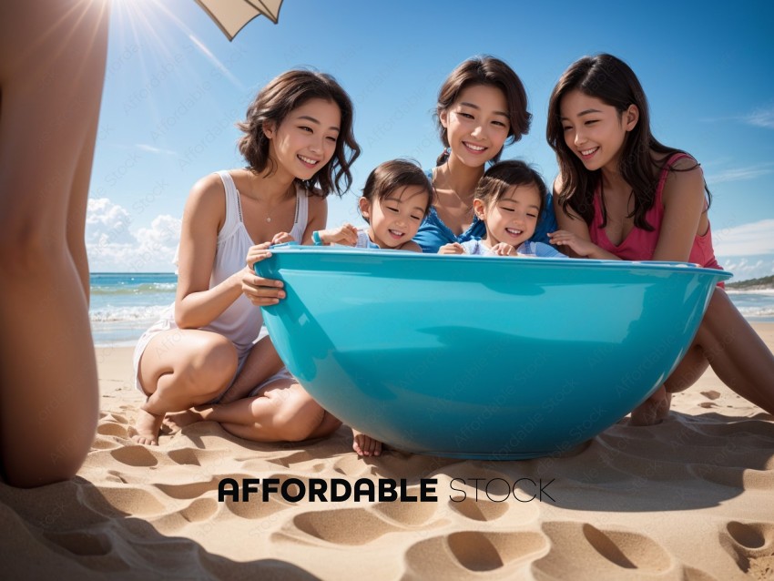 Family Enjoying Beach Time in a Blue Boat