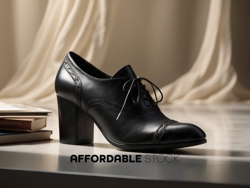 Elegant Black Leather Shoe with Curtains Background