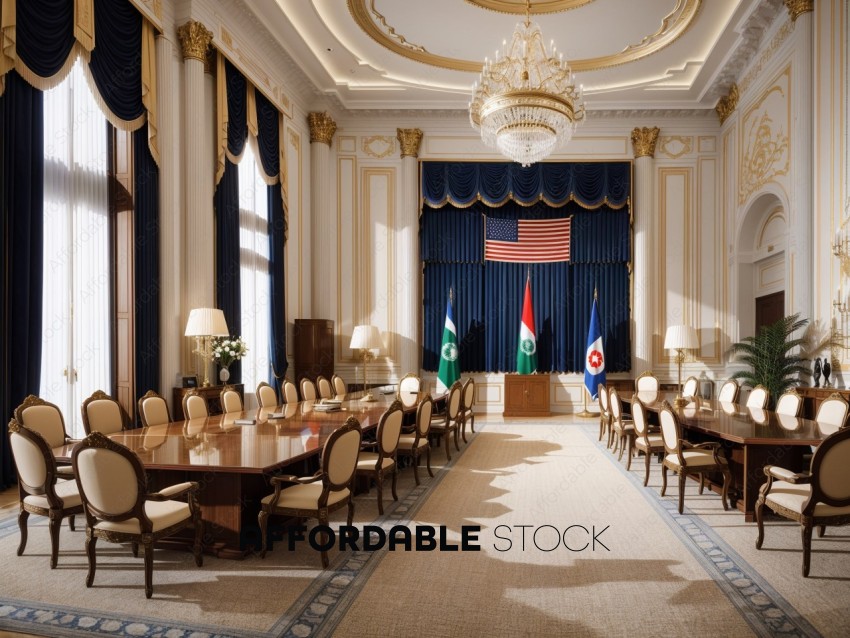 Elegant Conference Room with Flags and Ornate Decor