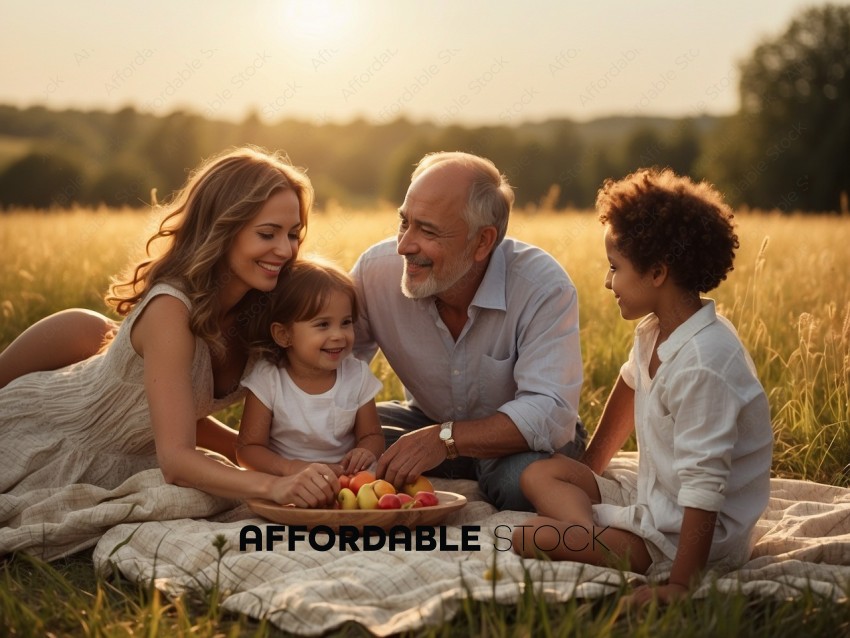 Family Enjoying Picnic at Sunset in Field
