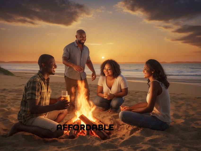 Friends Enjoying Beach Bonfire at Sunset