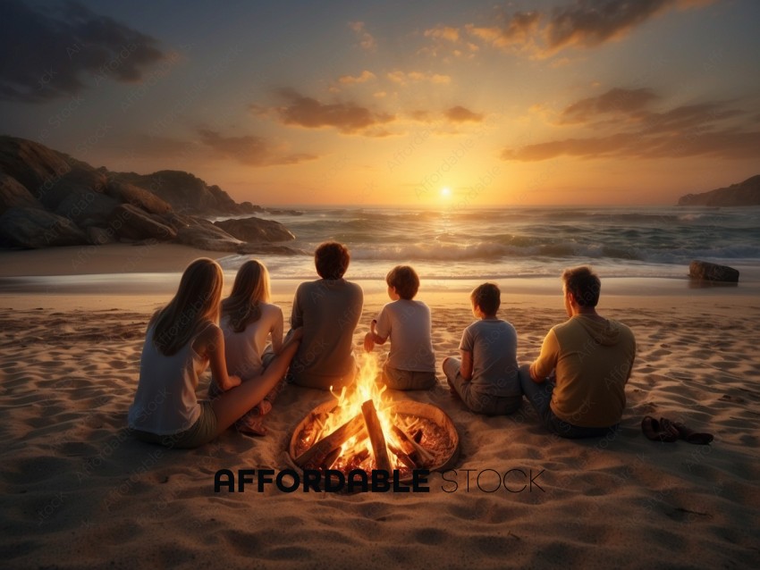 Group of Friends Enjoying Beach Sunset by a Campfire