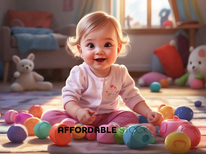 Cheerful Toddler Playing With Colorful Balls Indoors
