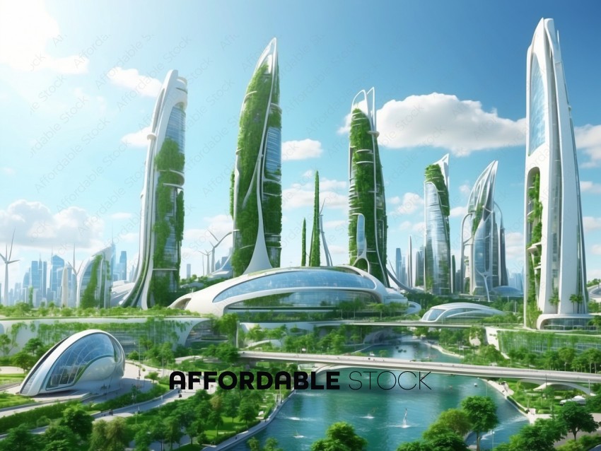 Futuristic Eco-City Landscape with Skyscrapers and Greenery