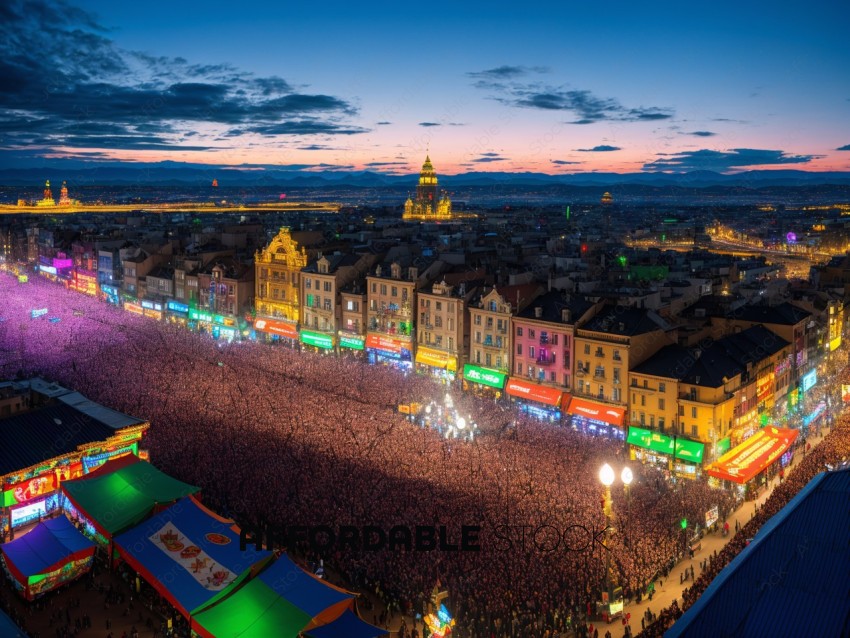 Dusk Aerial View of Crowded Festival in Urban Setting