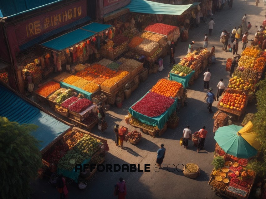 Bustling Outdoor Fruit Market Aerial View