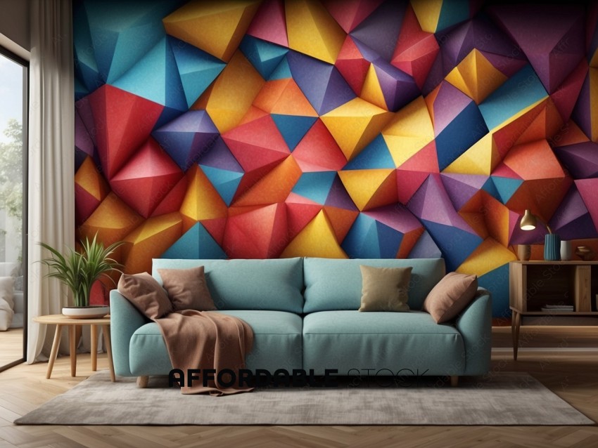 Modern Living Room with Colorful Geometric Wallpaper