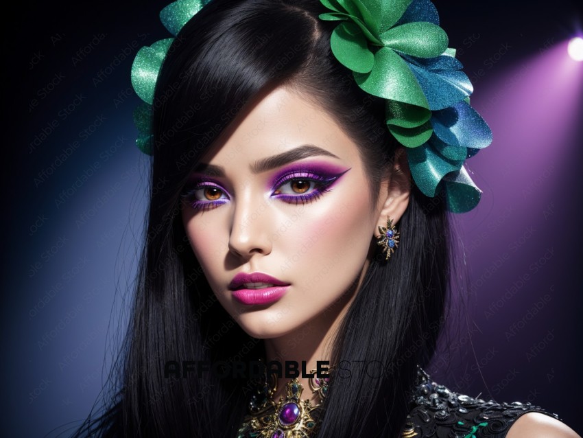 Fashion Model with Bold Make-up and Shiny Accessories