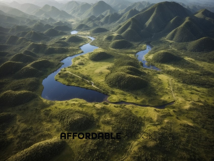 Scenic Aerial View of a Winding River through Lush Green Hills